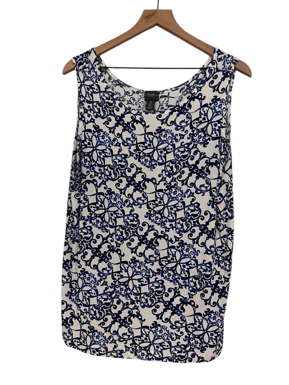 Chicos Travelers Womens Sleeveless Blouse Blue White Print Size 3 / XL